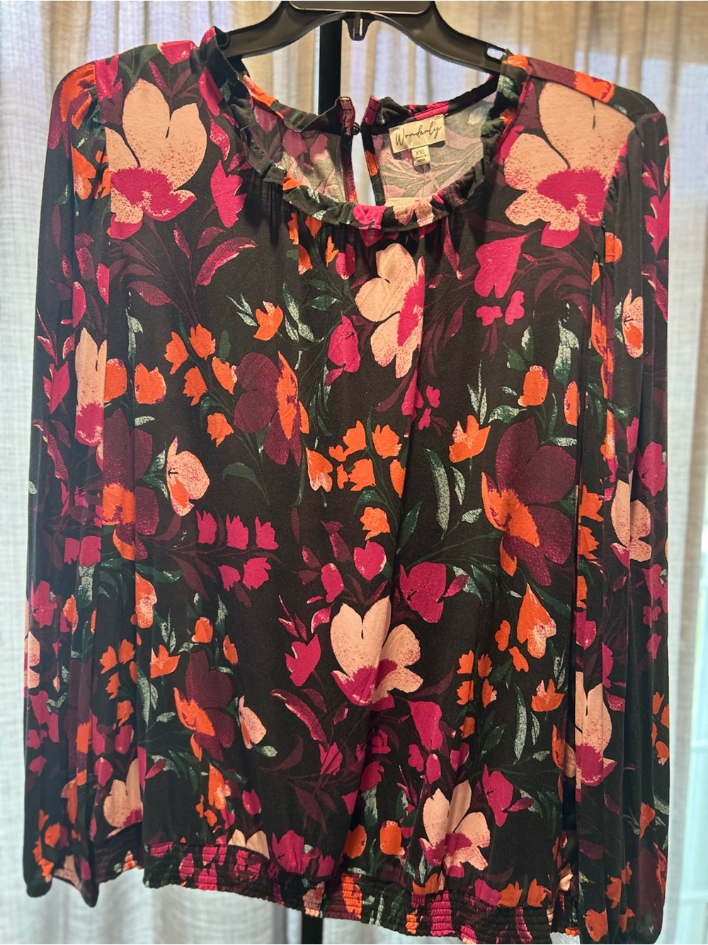Wonderly Black Floral Long-Sleeve Blouse with Pink & Orange Blooms